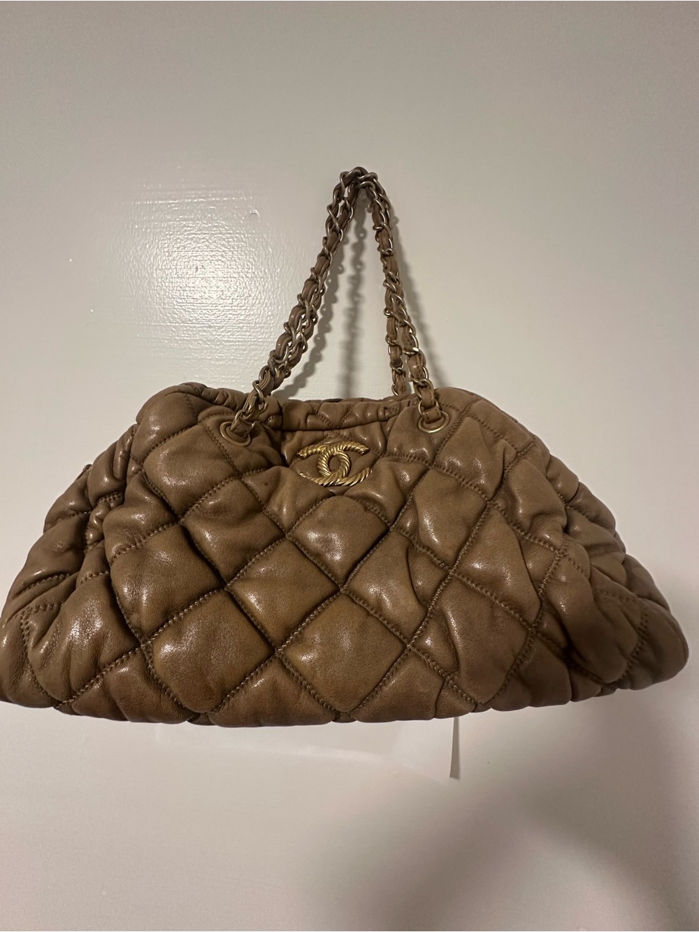 CHANEL Quilted Bowler Hobo Bag in Dark Beige/Taupe with Gold Hardware